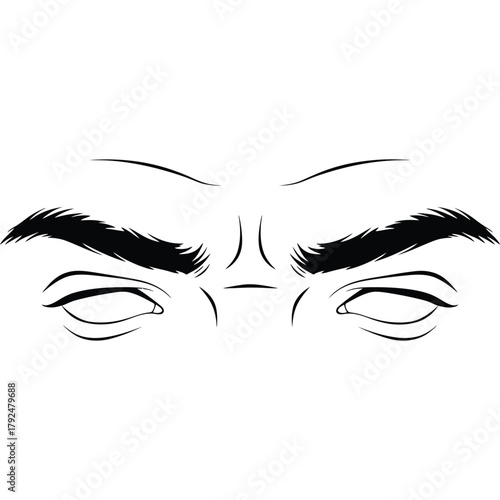 Illustration of eyes with furrowed brows in black and white eyebrows closed drawing sketch face expression angry