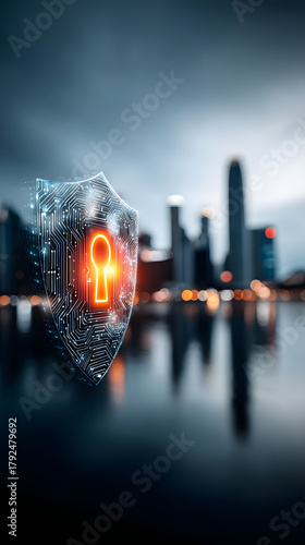 Cyber shield digital lock data security network protection smart city futuristic skyline neon glow cyber defense