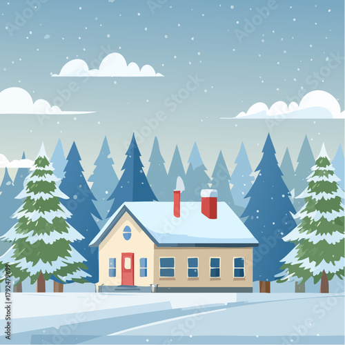 winterliche Landschaft mit einem Haus - Cartoon Comic Stil