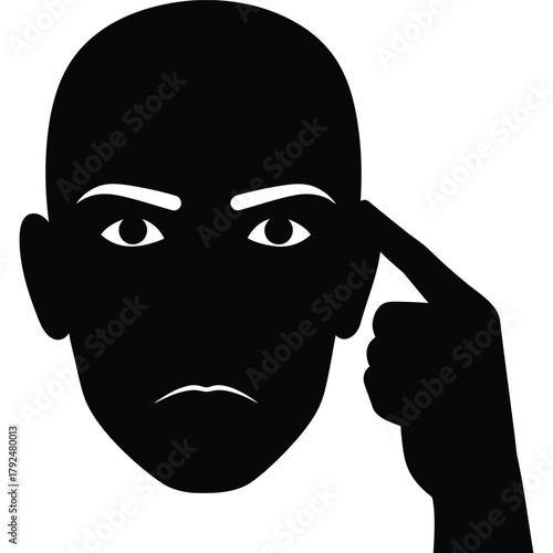 Person with finger to temple, thinking or remembering concept idea memory mind thought brain problem solution