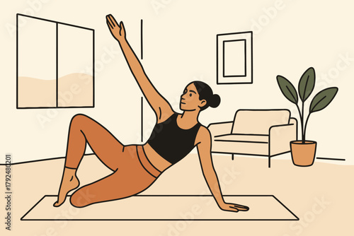 Woman performing a side plank exercise on a yoga mat at home