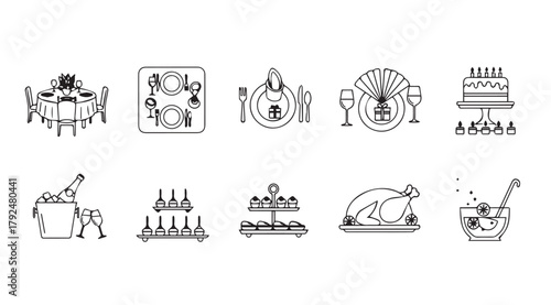 Collection of elegant dining and celebration table setting illustrations silhouette