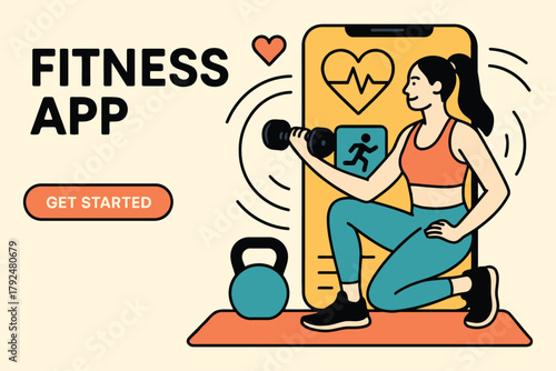 Woman exercising with fitness app on phone and weights