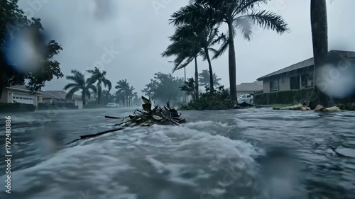 Strong rain leads to significant flooding in a neighborhood. Debris floats in the water, highlighting the extent of the weather's impact on homes and surroundings.