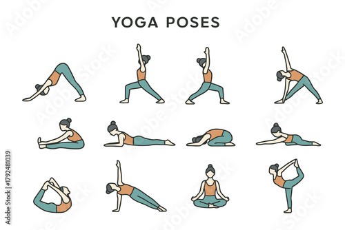 Collection of diverse yoga poses for wellness and flexibility illustrated