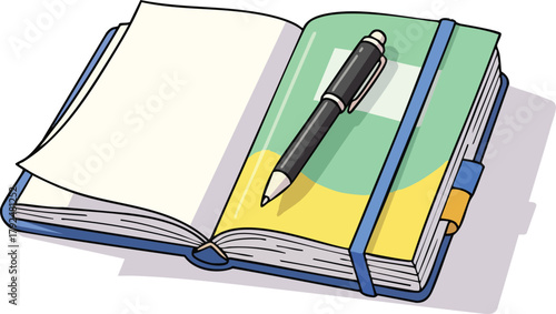 Open Blue Journal With Blank Pages And Black Pen On Green And Yellow Cover Isolated On White Background