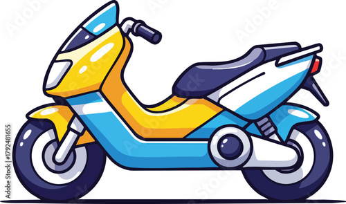 Retro Pixel Art Scooter Yellow Blue and White Transport on White Background