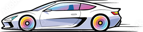 Fast White Sports Car With Colorful Wheels Motion Blur Effect