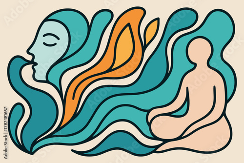 Abstract illustration of a person meditating amidst flowing water and spiritual energy
