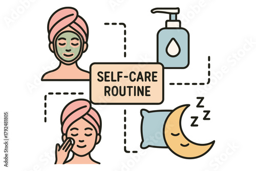 Woman s self care routine with face mask and beauty products at night