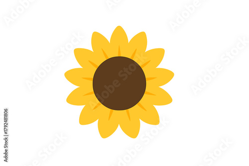 Bright yellow sunflower blossom head with brown center in flat style
