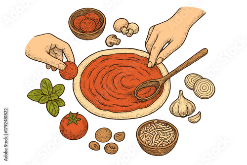 Hands preparing pizza dough with tomato sauce and fresh ingredients like basil, pepperoni, and cheese