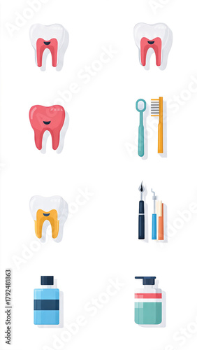 Set of dental care icons including teeth, toothbrush, mouthwash, and dental tools for oral hygiene and health