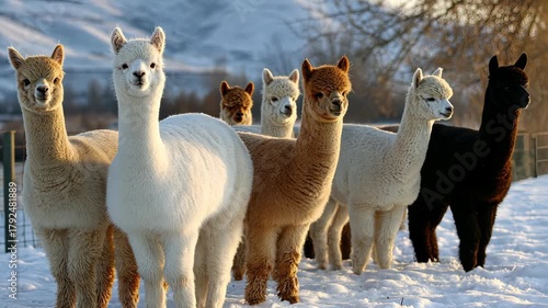 Group of friendly alpacas enjoying winter in a snowy landscape surrounded by mountains during the late afternoon sun