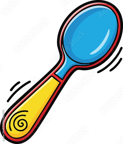 A Blue Spoon With A Yellow Handle On A White Background With Red Trim And Swirl Design