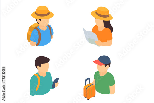 Isometric set of diverse travelers with luggage, maps, and backpacks ready for vacation or journey