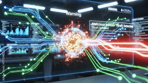 Futuristic digital display shows warning of malicious insider threat