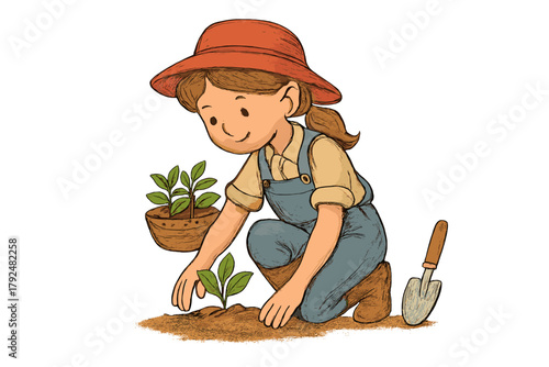 Happy young gardener planting a small green seedling into the earth wearing overalls and a sun hat