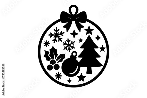 Monochrome Christmas bauble with tree, snowflakes, stars, and holly berries