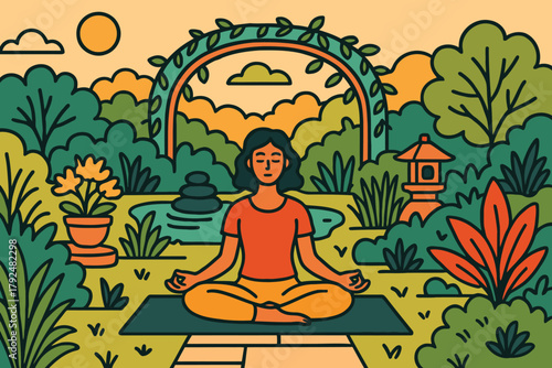 Woman meditating peacefully in a lush green garden with a pond