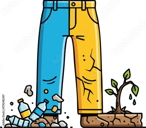 Split Half Blue Jeans Showing Environmental Contrast One Side Dry Cracked Earth With Plant Growth Other Side Plastic Bottles And Rubble With Blue Sky Background
