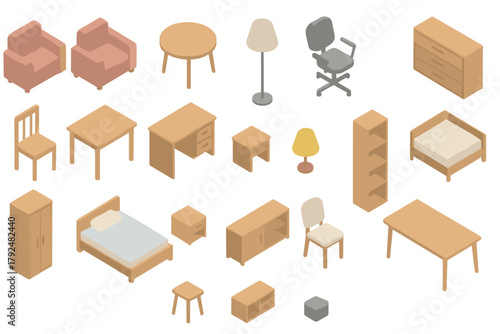 Isometric collection of essential home and furniture items including beds, chairs, tables, and cabinets
