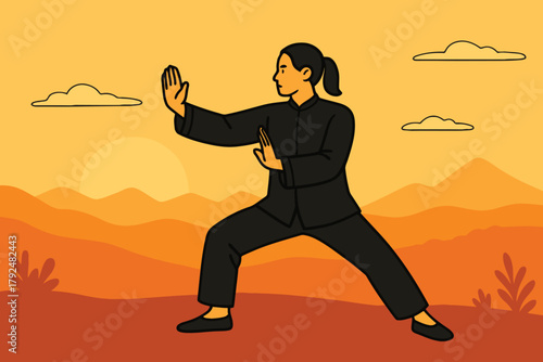 Woman practicing martial arts in a serene natural landscape at sunset
