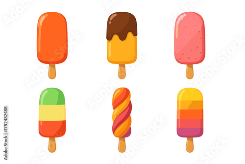 Colorful collection of frozen desserts including fruit popsicles and chocolate dipped ice cream bars