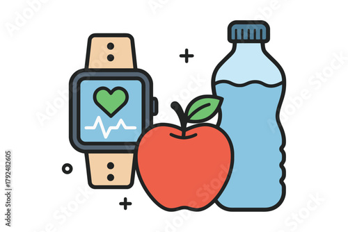 Healthy lifestyle icons featuring smartwatch apple and water bottle
