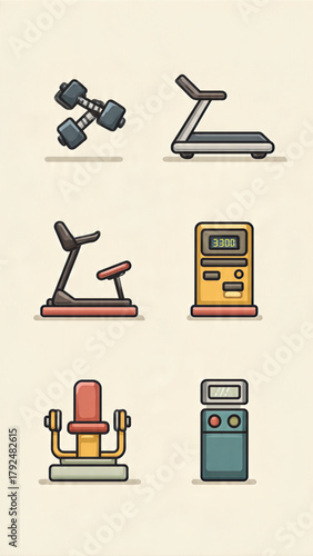 Collection of exercise equipment icons including treadmills, stationary bikes, and weights for fitness and wellness