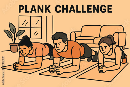 Three diverse people doing a plank exercise together at home