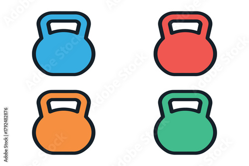Four colorful kettlebells arranged in a grid for fitness training