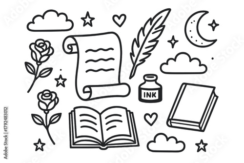Hand drawn icons of literature and writing elements including books, quill, ink, roses, and celestial objects
