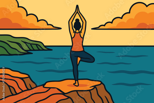 Woman practicing yoga tree pose on cliff overlooking ocean at sunset