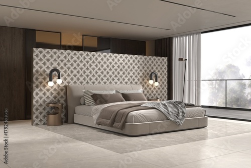 Photos Cozy bedroom featuring quartz nightstand and soft wall lighting