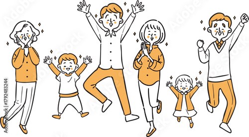 喜んでいる家族三世帯　全身　ベクター（オレンジ）
