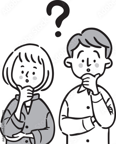 疑問を持つ夫婦のイラスト　上半身　ベクター（モノクロ）
