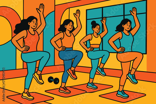 Diverse group of women performing high knees exercise in a bright fitness studio