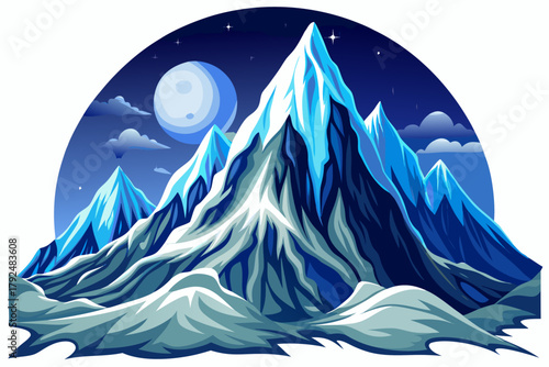 Snow covered mountains shining beneath bright full moon and clear night sky