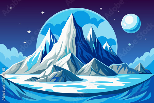 Snow covered mountains shining beneath bright full moon and clear night sky