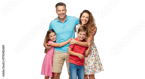 Happy family portrait parents with two children smiling together joyful moment