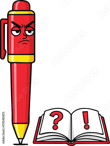 Angry Red Pen Character Next To Open Book With Question And Exclamation Marks