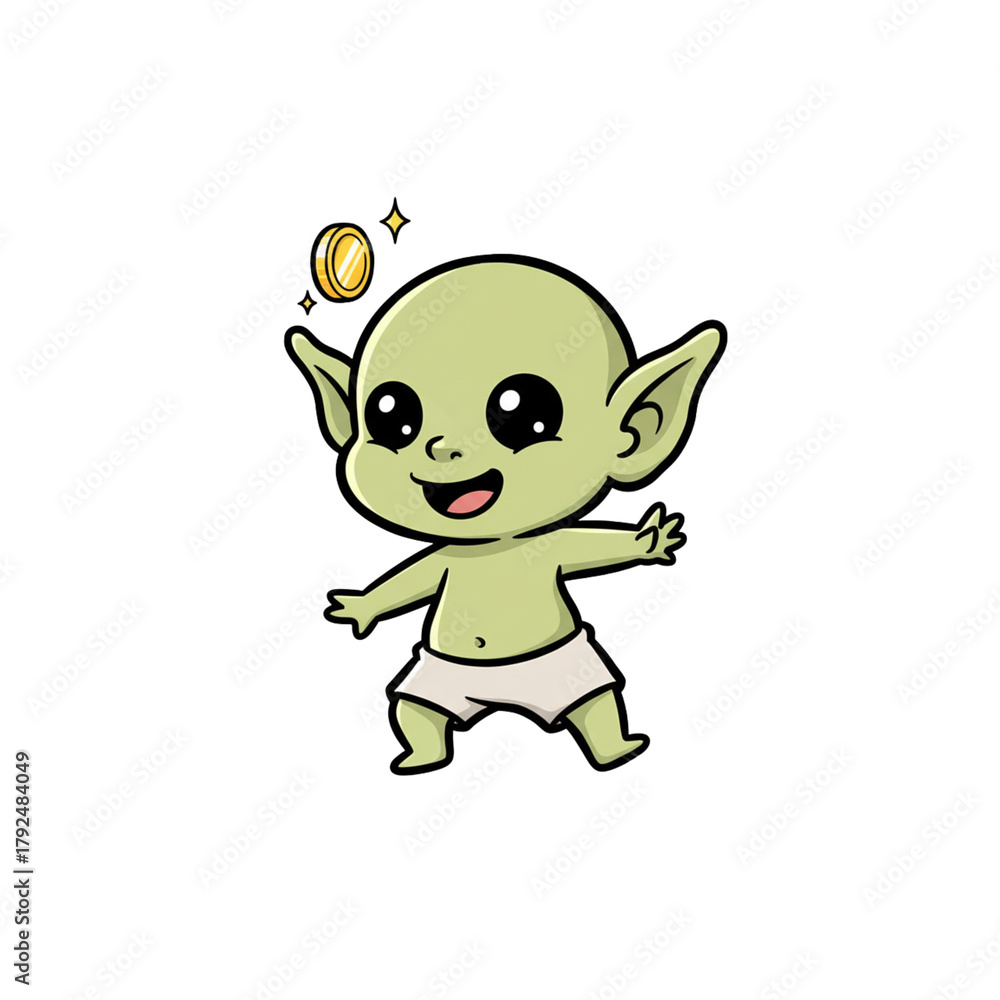 Fototapeta premium Happy Chibi Being with Big Eyes and Golden Coin