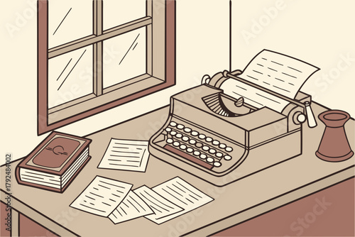 Vintage typewriter, books, and documents on a desk, creating a writer's workspace