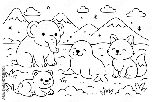 Cute Coloring Page Cartoon Animals Elephant Seal Bear Fox Sitting Together Outdoors with Mountains and Clouds