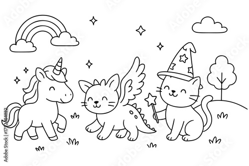 Cute Coloring Page Cartoon Unicorn, Dragon Cat, and Wizard Cat Characters with Rainbow and Stars