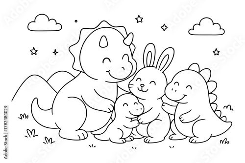 Cute Coloring Page Cartoon Dinosaurs and Bunny Hugging Together in a Field with Stars and Clouds