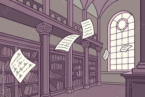 Library interior scene with floating notes and vintage design