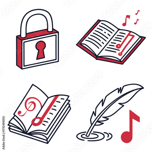 Musical illustration elements on a white background: padlock, open book, and feather pen