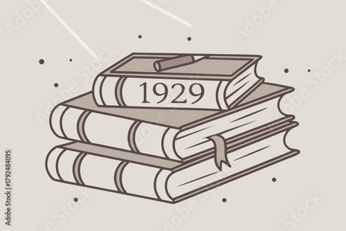 Pile of vintage books with the year 1929 illustrated on the cover